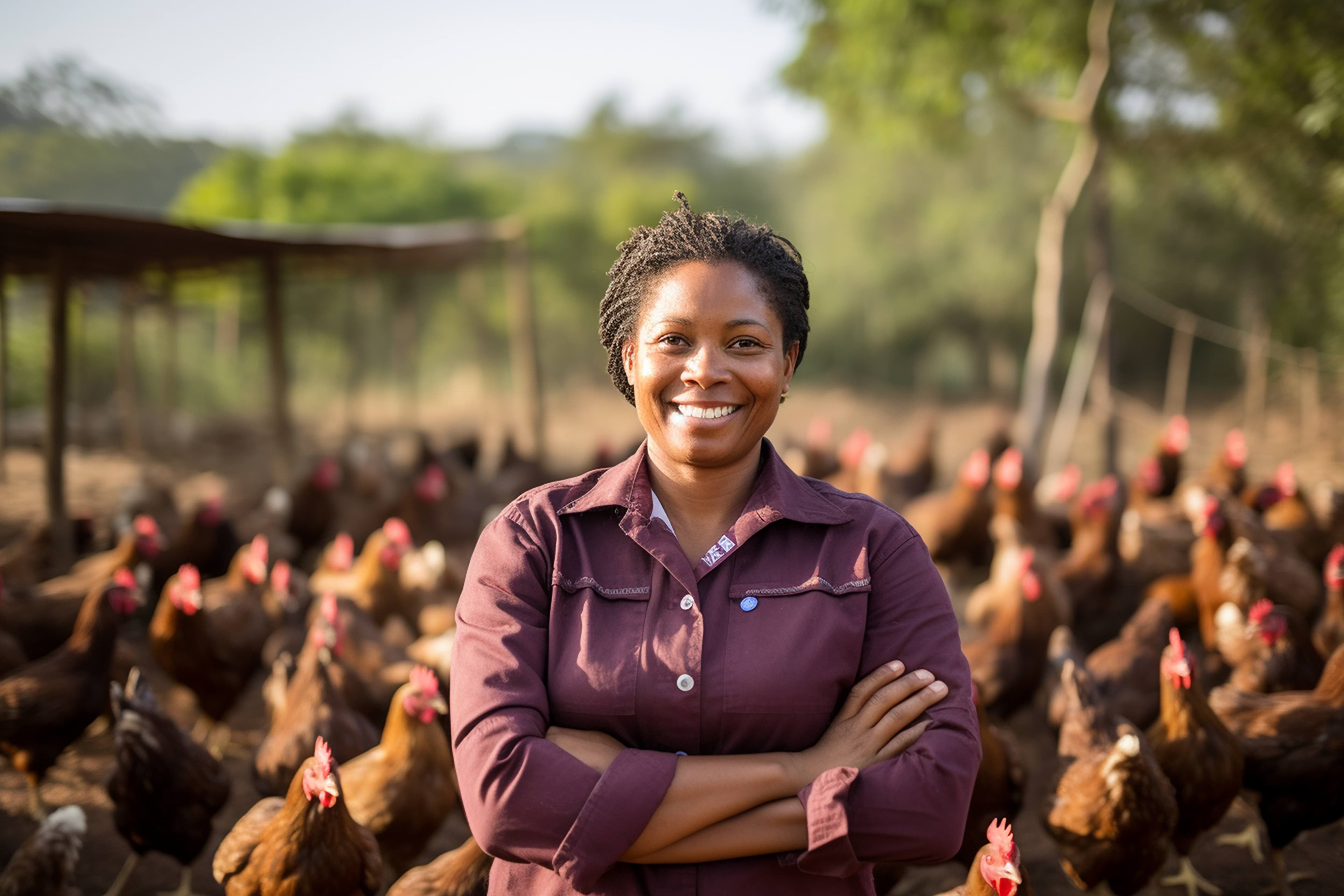 Smiling poultry farmer with arms crossed in front of poultry flock