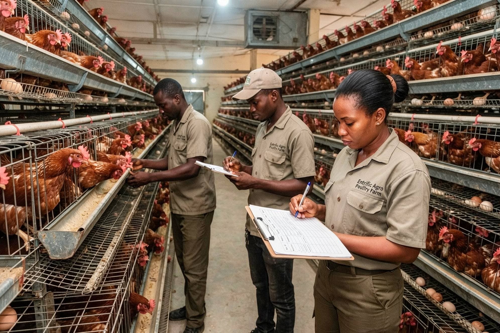 Poultry farm staff recording operations data and conducting inspections