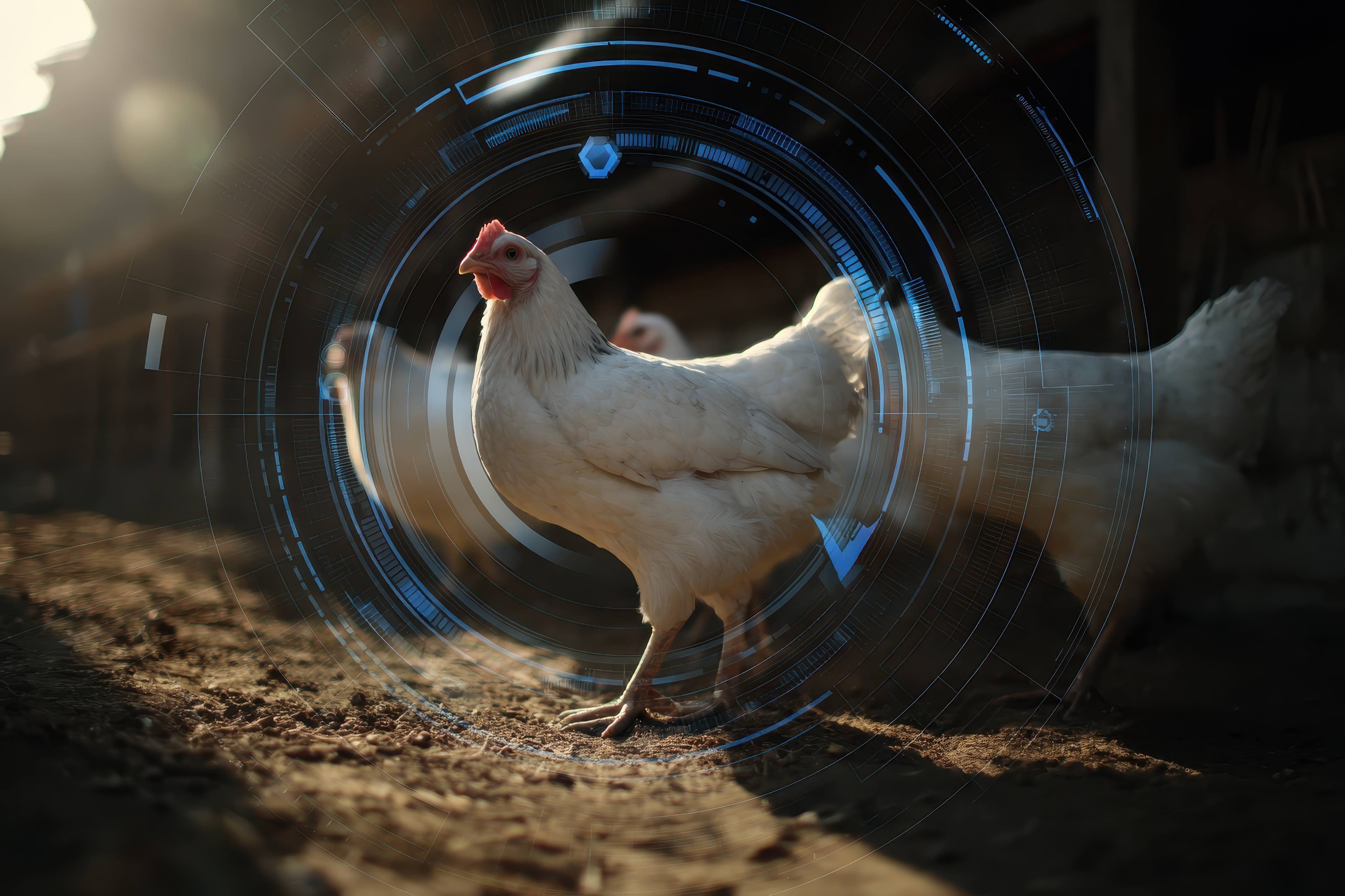 White chicken standing with circular light data telemetry