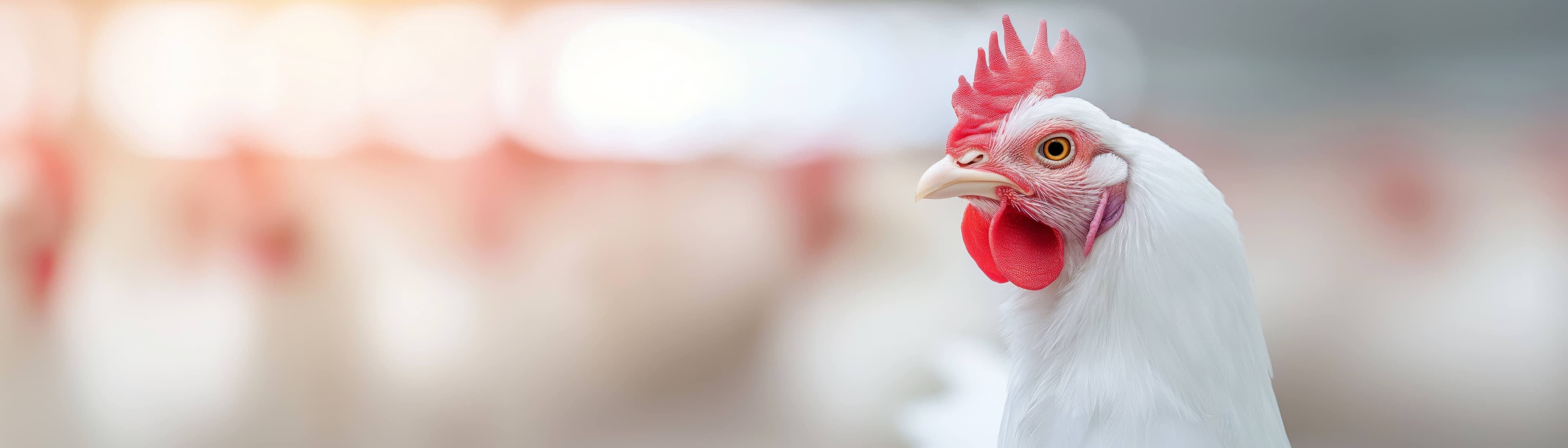 Closeup white chicken with blurred background in poultry farm