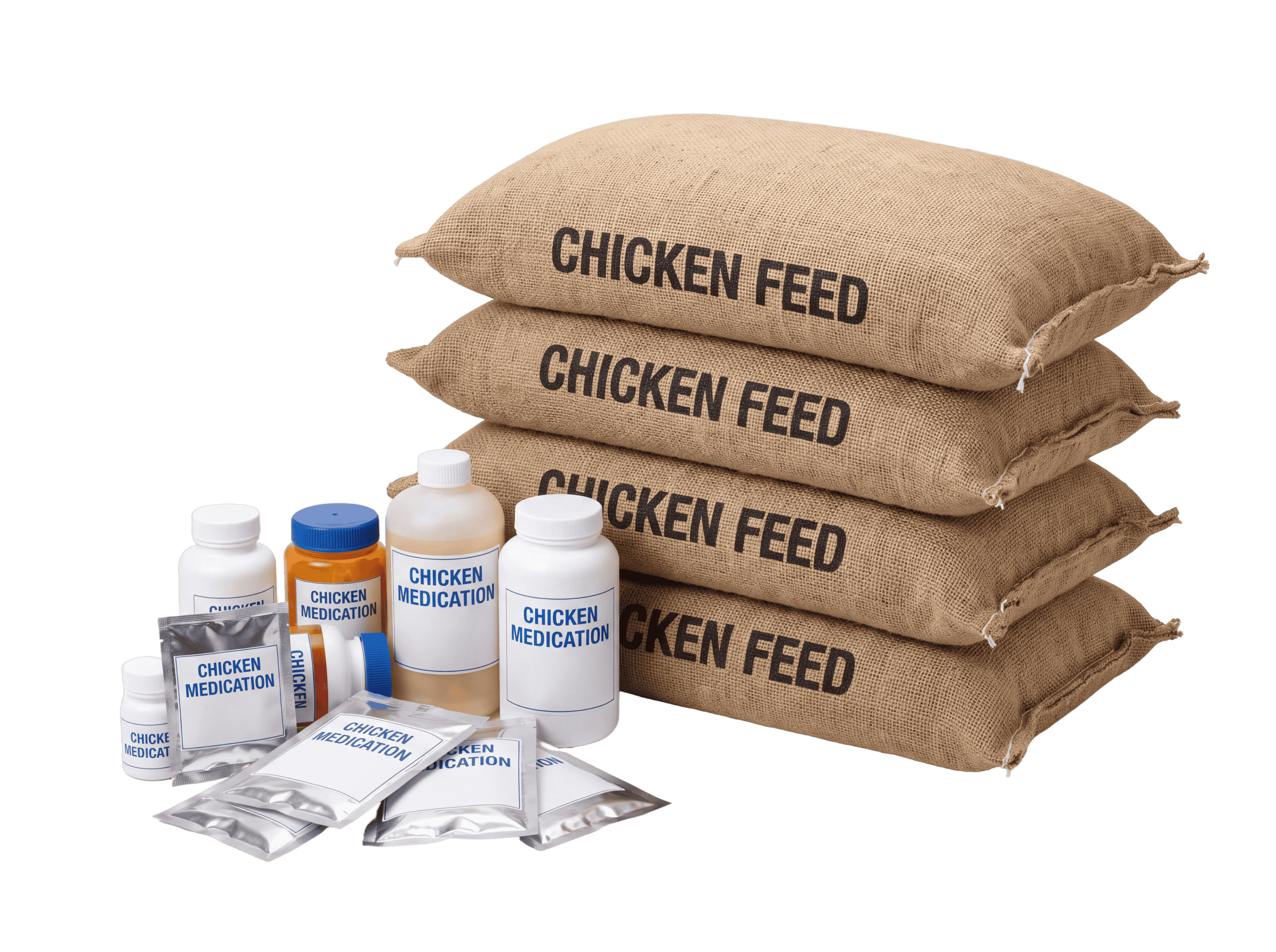 Chicken feed bags and medication inventory