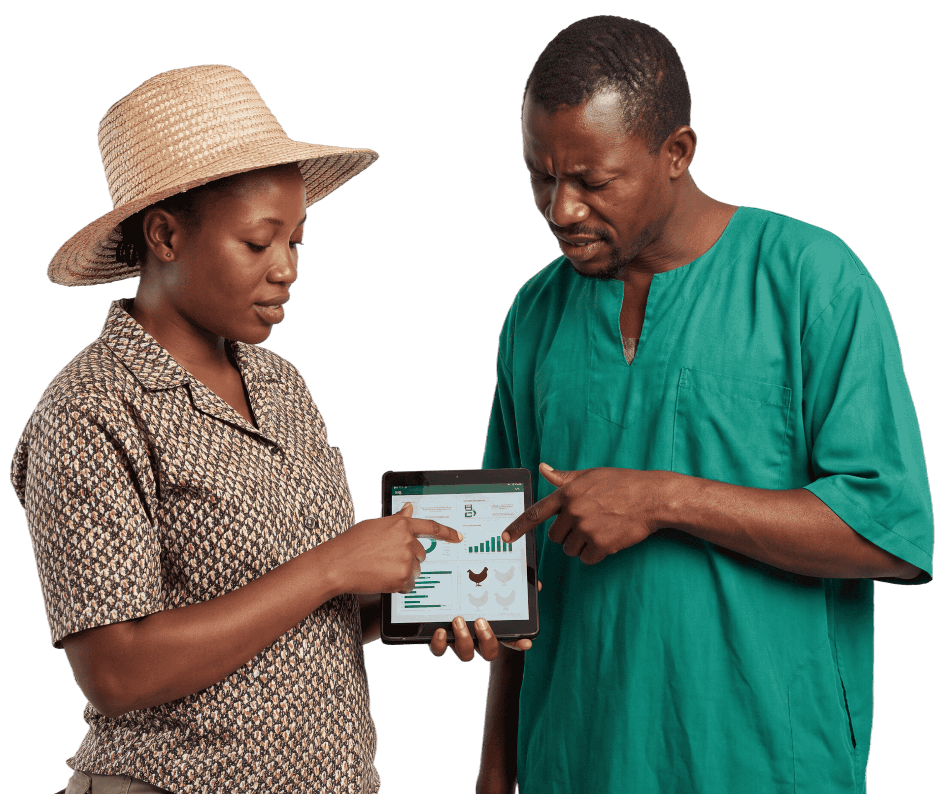 Poultry farm managers reviewing smart farm data on a tablet